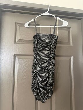 Black Ruched Faux Leather Slip Dress